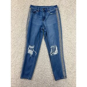 Empyre Eileen Mom Jeans Womens Sz 3 Blue Checkered Racing Stripe Ripped Knees